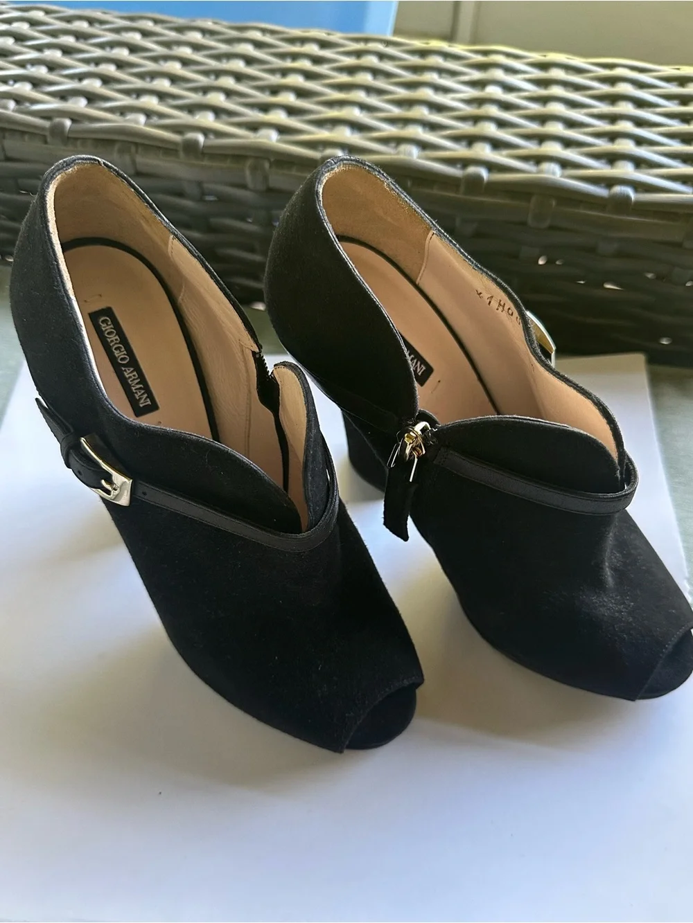 Giorgio Armani Black Suede Peep-Toe Ankle Booties with Gold Buckle Size 35